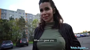 Stunning brunette with fantastic tits fucked hard in fake public scene