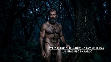 Faruq, the horny Arab bottom, meets Kyrios, the old, horny, hairy, wild man, in the dark forest - AI Generated