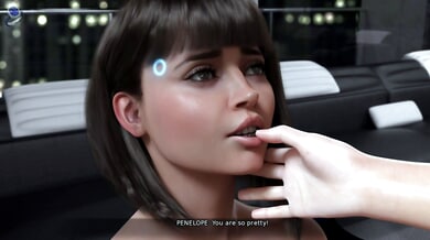Blonde android with cybernetic features rides her dark-haired lover using a strapon