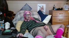 spunout sissy faggot strokes his clit into a tiny cock