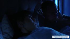 Stepson and stepdaughter hear noises and catch busty stepmom and stepdad fucking.They ask them to have an orgy and the women suck cock and get fucked