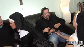 Sexy nuns Jasmine Black and Tarra White lose their virginty to two older pervs