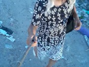 camina vestida de mujer en publico linda trans con vestido y tacones altos plug anal sexy