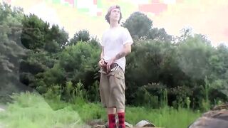 Skinny straight guy Sean Johansen solo masturbates outdoors