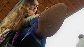Pretty teen 18+ In Interesting Purple Boots Filmed By At The Bus Station