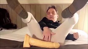 Cock Stroking and Dildo Insertion in Open White Pantyhose