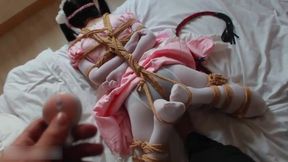 fx17-Asian girl, bound in white stockings, vibrating to orgasm.