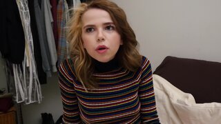 Petite teenie flashes her tits and slobbers on a huge dick