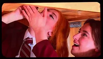 British Teens Ellie & Victoria: Uniform Threesome Blowjob Under Table