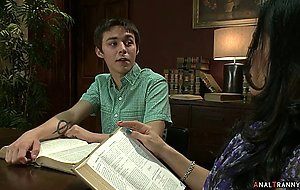 Shemale anal fucks young guy in library