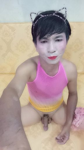 Transgender Oanh Le wears sexy clothes masturbating and ejaculates all over her body