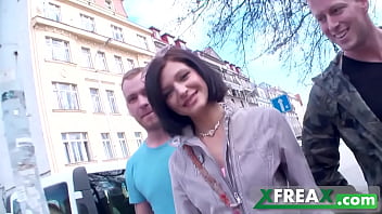 Ukrainian girl Lina Arian gets warmed up in a park and taken home by 3 guys for a gang bang