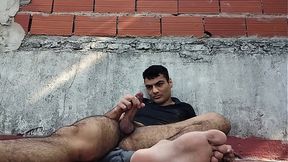Hispanic guy with big cock jerks off on sunny day