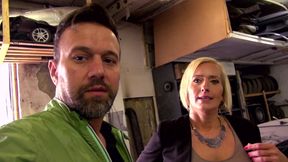 Facial ending for the big boobed blonde MILF after sex on the car