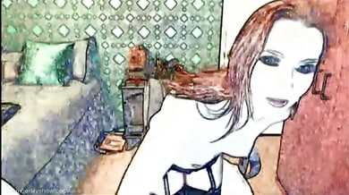Amber Lily in stockings teases with her small tits during a dirty cartoon-themed solo cam show