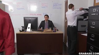 European office worker gets a taste of hardcore grabass action: riding, blowjob, and anal fun with his latino boss
