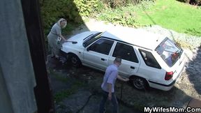 He pleases his blonde mother-in-law in the backyard