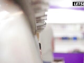 Sloppy Public Cocksucking... Then This guy Bows Her Over Shelves and Bangs Her Vagina