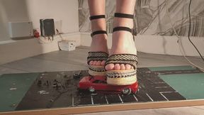Giantess goddess WinnieLouxo Crushes a Datsun Bluebird & Nissan Leopard TRX in big wedges with painted toenails close ground view