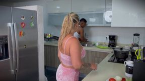 My boyfriend's stepbrother fucks my tight MILF pussy in the kitchen at home without anyone knowing!