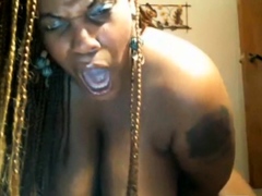 Black BBW with huge tits goes crazy on dildo, screaming