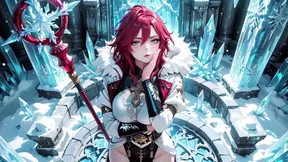 Red-haired sorceress seductively enters Crystal Hall with open robe and