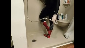 Showering in zentai, stirrup tights and toe socks