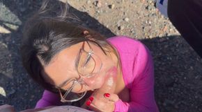 Blowjob in the Middle of the Street with Cum on Her Face
