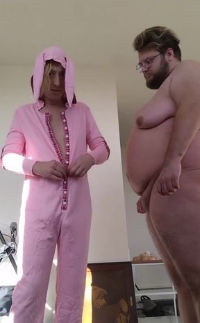 Transwoman Opening One-piece Pink Rabbit Pajamas Bodysuit with Button-up Buttflap Viewer-gift