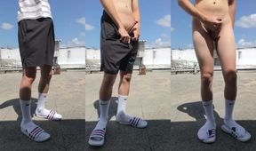 Teen twink strokes it raw on rooftop with Nike socks and Adidas slippers