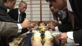 Asuka Ayanami turns her curvy Japanese body into food plate