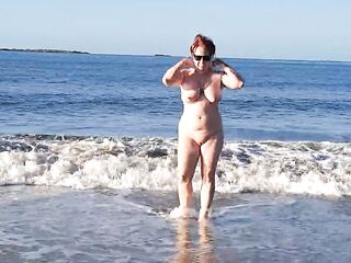 Real nudist Playing Naked in the Ocean Waves
