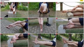 The professional beauty dance teacher wore a suit and ultra-thin light brown pantyhose and showed off her long legs and 40EU feet on a bench in the park