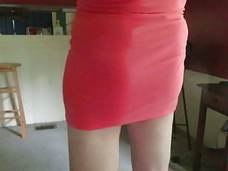 CD in a tight red dress without panties has a fem ass, hips.