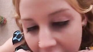 babe blonde Goddess blows fat penis bro inside room