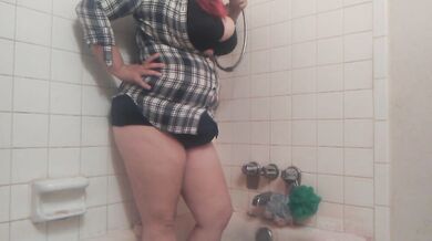 Chugging From Shower Hose- Giant Belly Inflation in Button Down Shirt