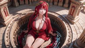 Ancient Stone Corridors Dappled with Light, She Lounges in a Circular Pool Overflowing with Liquid