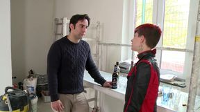 Sexy redhead chick in stockings gets fucked in her shaved pussy