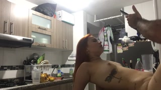 On top of my husband I ride his cock and ask him to fill my pussy.