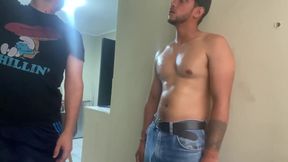 Sucking Big Cock While He Stands Leaning Against the Wall