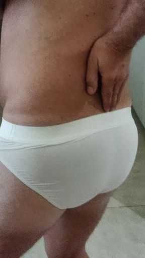 Horny jerking off in front of the mirror on vacation, white panties and a lot of precum