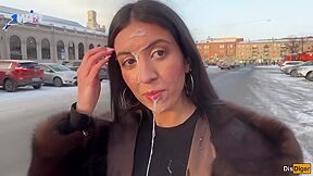 Public Cumwalk With Stranger For Money. Huge Jism On Face, Slut