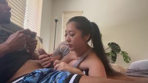 Perfect Morning handjob by my Asian gf while I'm playing games
