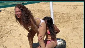 Hot Sand Bikini Wrestling Battle: Sheeva vs Luna – Competitive Pink Bikini Fight on the Beach