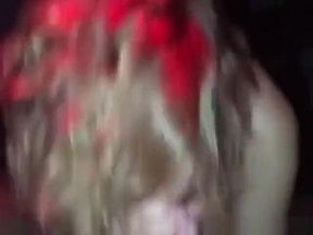 Blonde milf sucking on a big black cock and swallows jizz