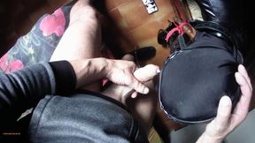 Milf tied to a chair, mouth fucked with ring gag and throatpie POV