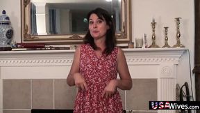 American housewife strips down to lingerie, flashing hubby on bedroom floor