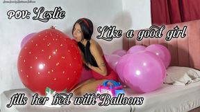 POV: Leslie, like a good girl, fills her bed with balloons