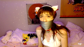 Kitty does wrap tape gag with used panties