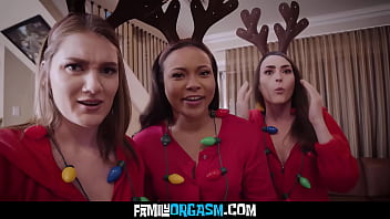 familyorgasm - Pretty Sisters in Scarlet Pajamas Caught their Stepbrother on Christmas Night, Adriana Maya, Aria Kai, Dani Damzel, Nade Nasty